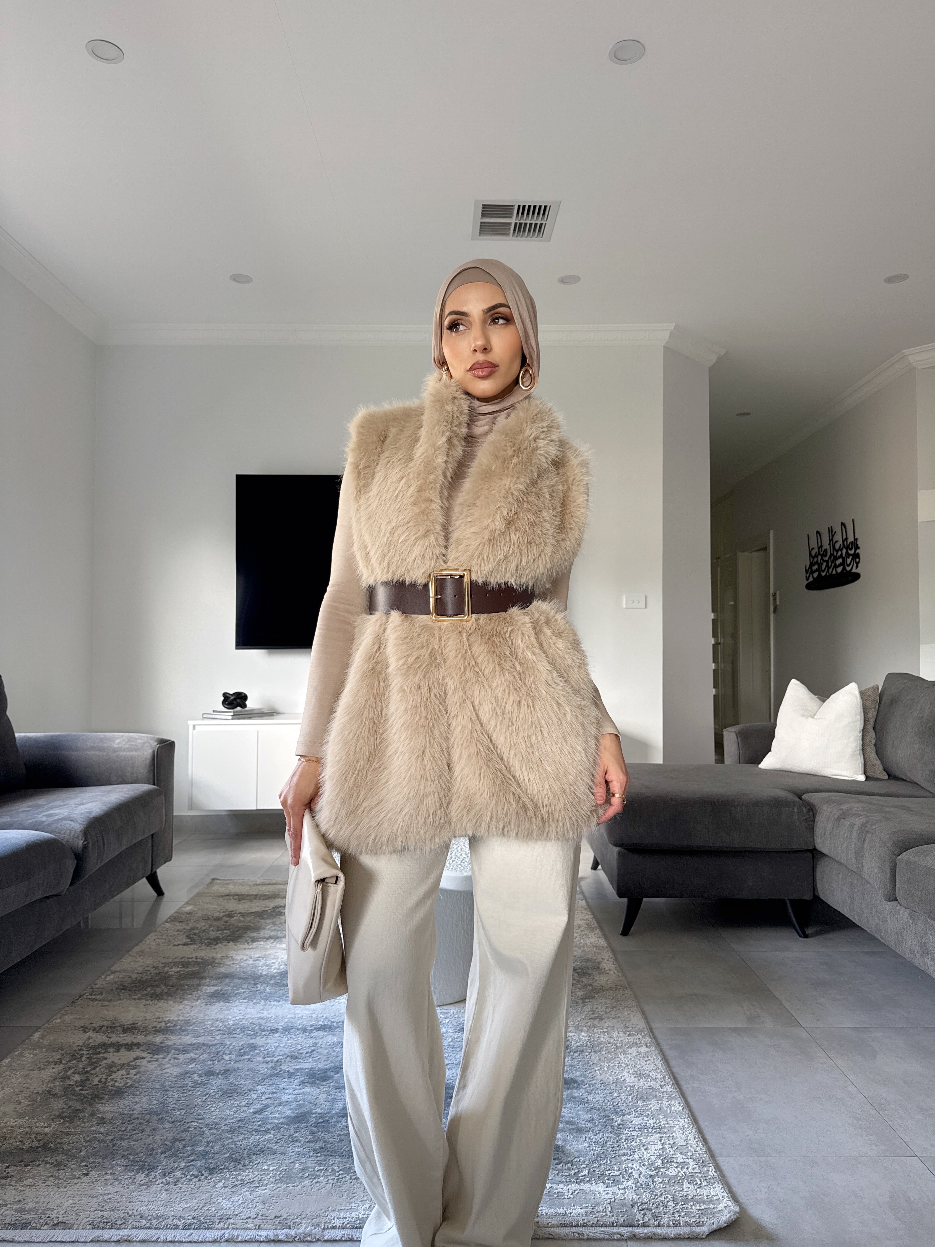 Beige Belted Fur Vest Cabin State Faux Leather Fur Lined Vest